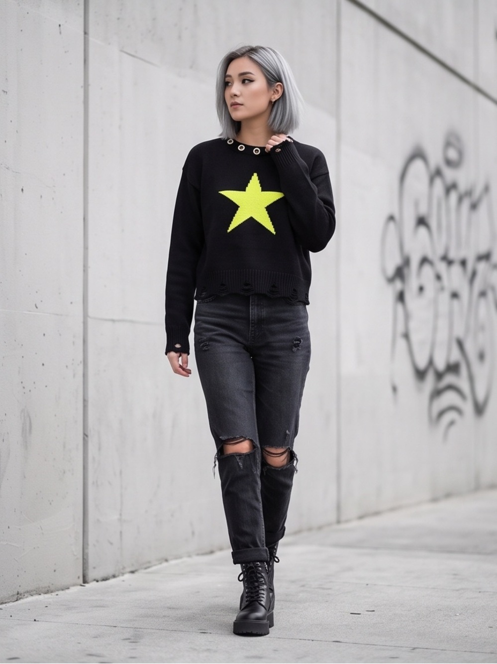 Hot Topic Black Sweater with Neon Green Star and Grommet Neck